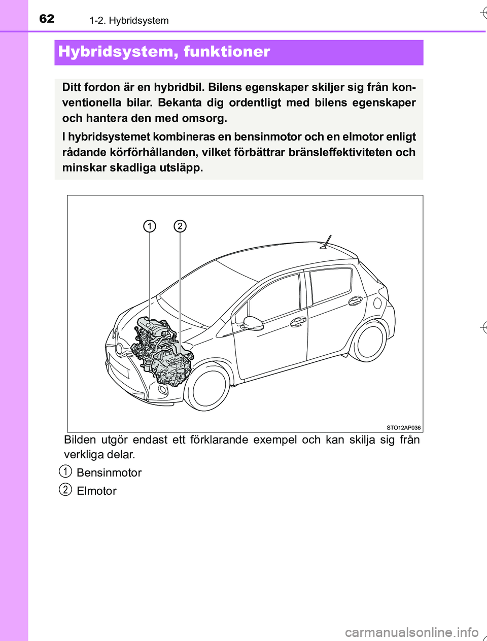 TOYOTA YARIS HYBRID 2016  Bruksanvisningar (in Swedish) 621-2. Hybridsystem
OM52G76SE
Hybridsystem, funktioner
Bilden utgör endast ett förklarand e exempel och kan skilja sig från
verkliga delar.
Bensinmotor
Elmotor
Ditt fordon är en hybridbil. Bilens 