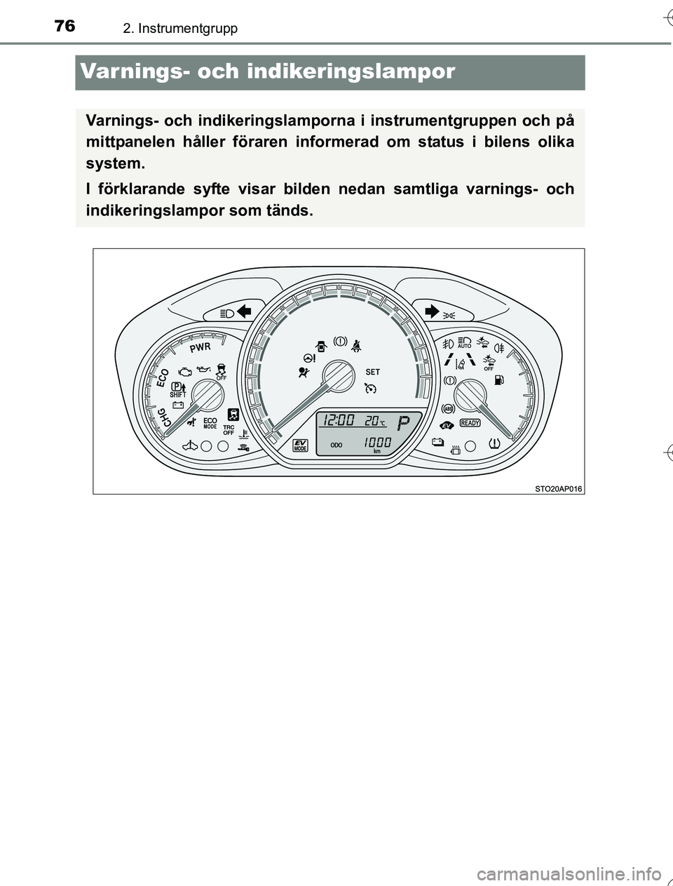 TOYOTA YARIS HYBRID 2016  Bruksanvisningar (in Swedish) 762. Instrumentgrupp
OM52G76SE
Varnings- och indikeringslampor
Varnings- och indikeringslamporna i instrumentgruppen och på
mittpanelen håller föraren informerad om status i bilens olika
system.
I 