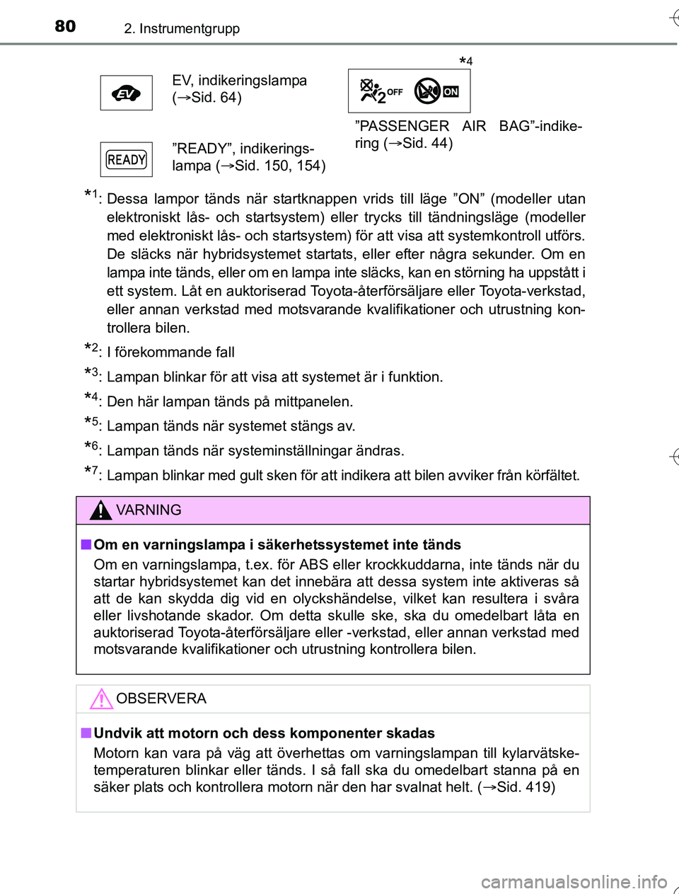 TOYOTA YARIS HYBRID 2016  Bruksanvisningar (in Swedish) 802. Instrumentgrupp
OM52G76SE
*1: Dessa lampor tänds när startknappen vrids till läge ”ON” (modeller utanelektroniskt lås- och startsystem) eller trycks till tändningsläge (modeller
med ele