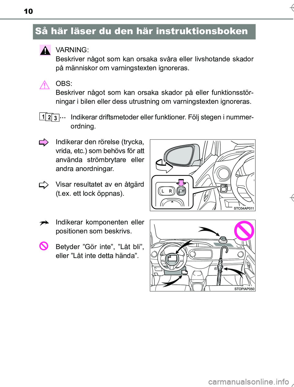 TOYOTA YARIS HYBRID 2016  Bruksanvisningar (in Swedish) 10
OM52G76SE
Så här läser du den här instruktionsboken
VA R N I N G :  
Beskriver något som kan orsaka svåra eller livshotande skador
på människor om varningstexten ignoreras.
OBS: 
Beskriver 