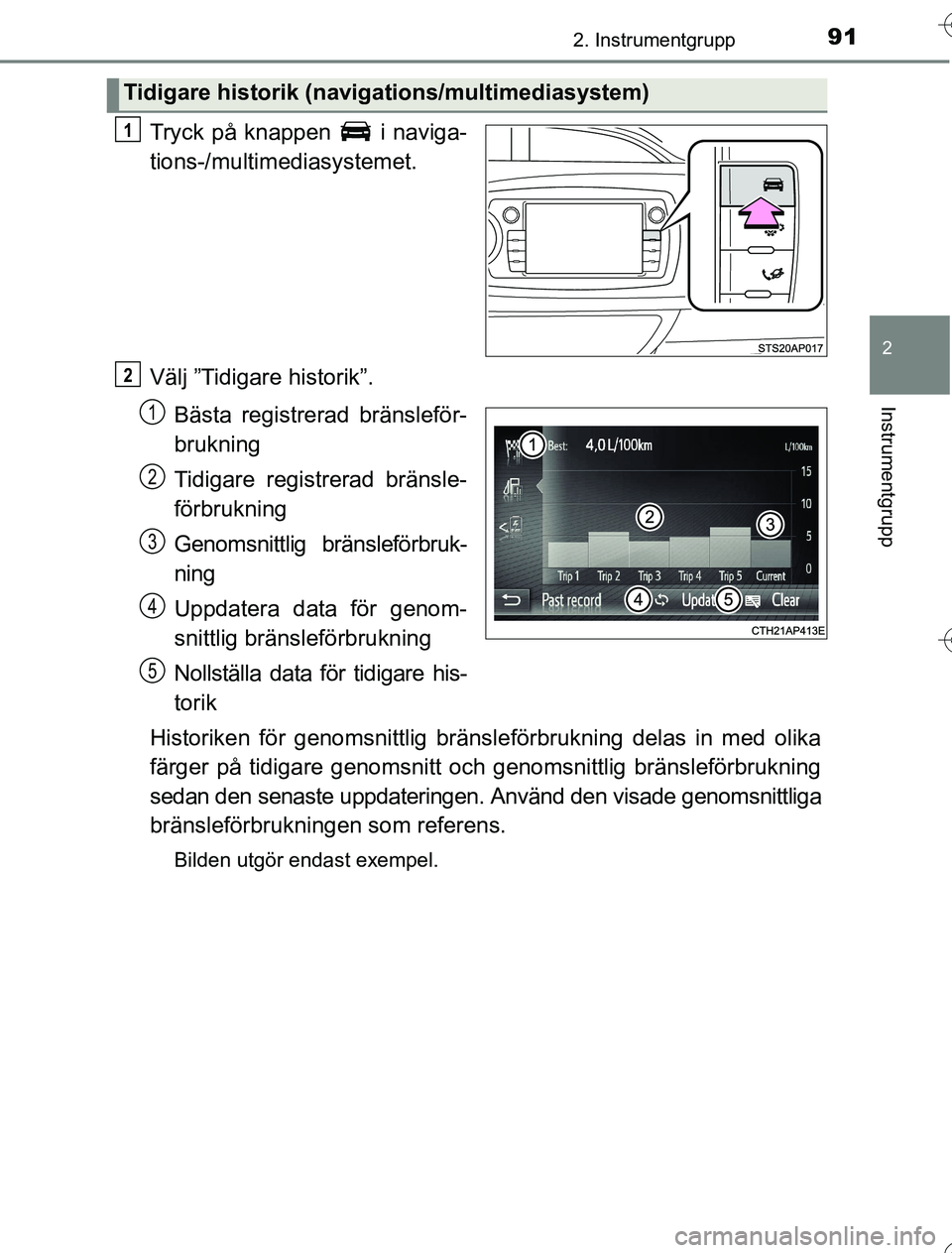 TOYOTA YARIS HYBRID 2016  Bruksanvisningar (in Swedish) 912. Instrumentgrupp
2
Instrumentgrupp
OM52G76SE
Tryck på knappen   i naviga-
tions-/multimediasystemet.
Välj ”Tidigare historik”.Bästa registrerad bränsleför-
brukning
Tidigare registrerad b