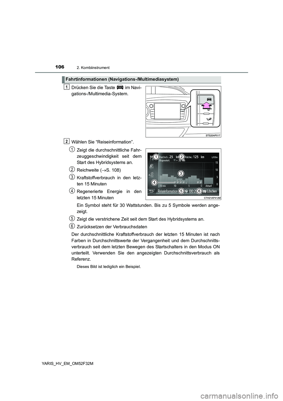 TOYOTA YARIS HYBRID 2015  Betriebsanleitungen (in German) 1062. Kombiinstrument
YARIS_HV_EM_OM52F32M
Drücken Sie die Taste   im Navi- 
gations-/Multimedia-System. 
Wählen Sie “Reiseinformation”. 
Zeigt die durchschnittliche Fahr- 
zeuggeschwindigkeit s