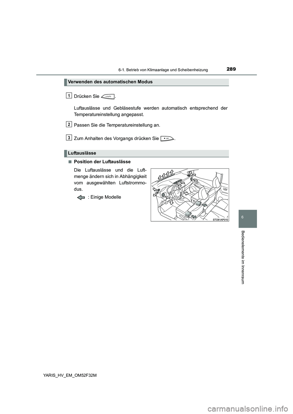 TOYOTA YARIS HYBRID 2015  Betriebsanleitungen (in German) 2896-1. Betrieb von Klimaanlage und Scheibenheizung
6
Bedienelemente im Innenraum
YARIS_HV_EM_OM52F32M
Drücken Sie  . 
Luftauslässe und Gebläsestufe werden automatisch entsprechend der 
Temperature