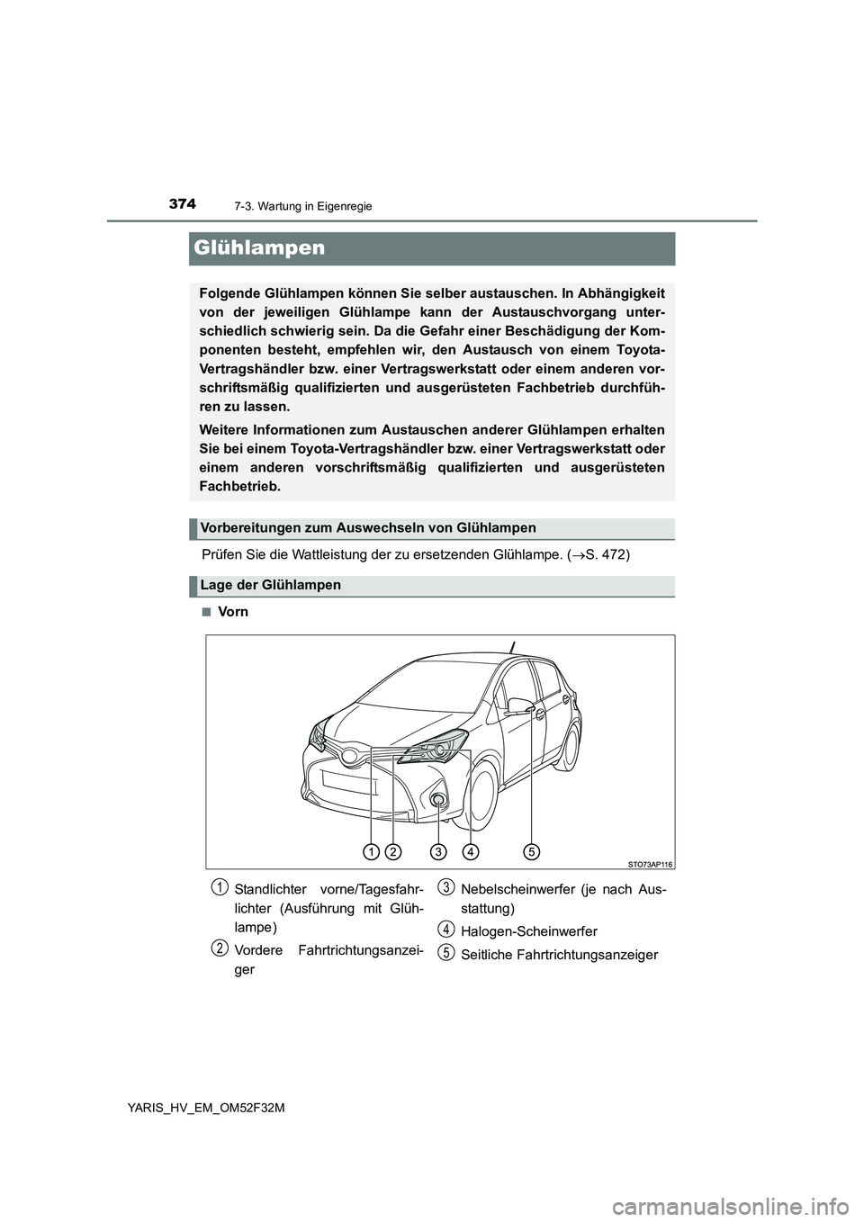 TOYOTA YARIS HYBRID 2015  Betriebsanleitungen (in German) 3747-3. Wartung in Eigenregie
YARIS_HV_EM_OM52F32M
Glühlampen
Prüfen Sie die Wattleistung der zu ersetzenden Glühlampe. (→S. 472)
■Vo r n
Folgende Glühlampen können Sie selber austauschen. In