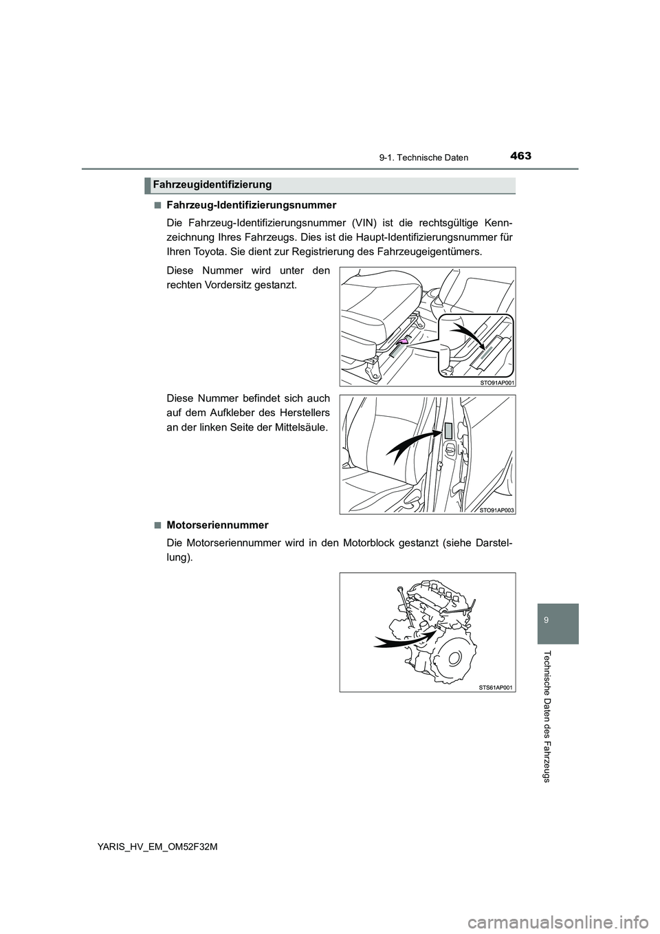 TOYOTA YARIS HYBRID 2015  Betriebsanleitungen (in German) 4639-1. Technische Daten
9
Technische Daten des Fahrzeugs
YARIS_HV_EM_OM52F32M 
■Fahrzeug-Identifizierungsnummer 
Die Fahrzeug-Identifizierungsnummer  (VIN) ist die rechtsgültige Kenn- 
zeichnung I