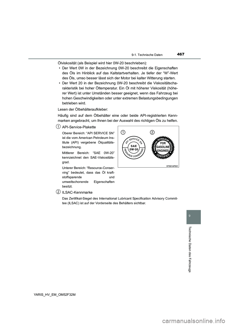 TOYOTA YARIS HYBRID 2015  Betriebsanleitungen (in German) 4679-1. Technische Daten
9
Technische Daten des Fahrzeugs
YARIS_HV_EM_OM52F32M
Ölviskosität (als Beispiel wird hier 0W-20 beschrieben):  
• Der Wert 0W in der Bezeichnung 0W-20 beschreibt die Eige