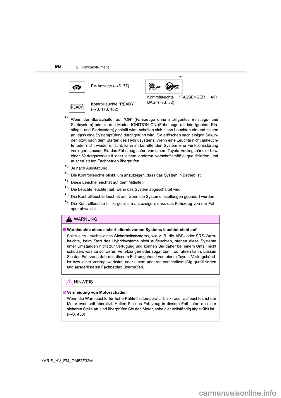 TOYOTA YARIS HYBRID 2015 Betriebsanleitungen (in German) 962. Kombiinstrument
YARIS_HV_EM_OM52F32M
*1: Wenn der Startschalter auf “ON” (Fahrzeuge ohne intelligentes Einstiegs- und
Startsystem) oder in den Modus IGNITION ON (Fahrzeuge mit intelligentem TOYOTA YARIS HYBRID 2015 Betriebsanleitungen (in German) 962. Kombiinstrument
YARIS_HV_EM_OM52F32M
*1: Wenn der Startschalter auf “ON” (Fahrzeuge ohne intelligentes Einstiegs- und
Startsystem) oder in den Modus IGNITION ON (Fahrzeuge mit intelligentem
