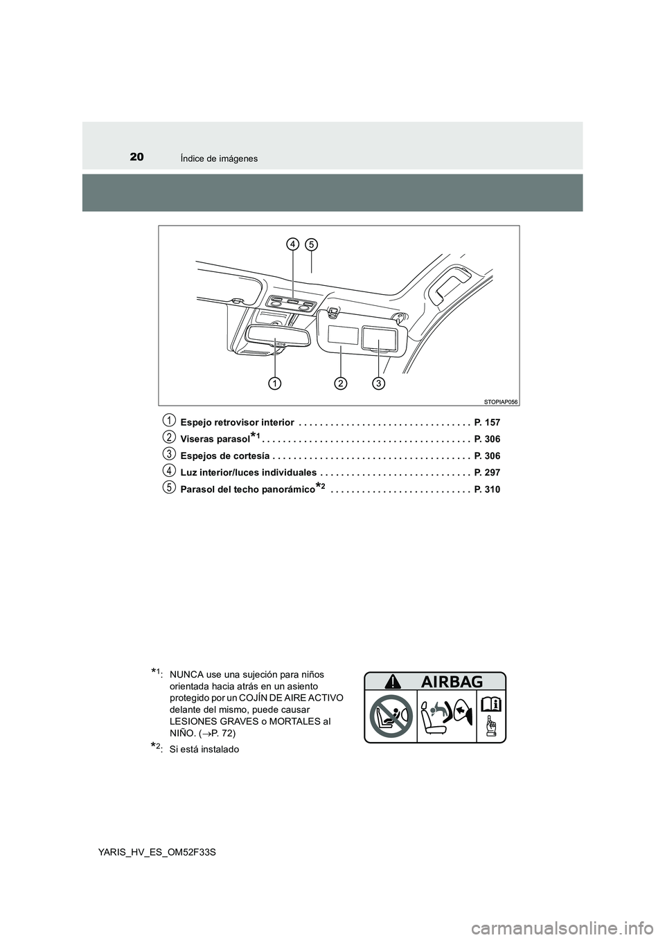 TOYOTA YARIS HYBRID 2015  Manual del propietario (in Spanish) 20Índice de imágenes
YARIS_HV_ES_OM52F33S 
Espejo retrovisor interior  . . . . . . . . . . . . . . . . . . . . . . . . . . . . . . . . .  P. 157 
Viseras parasol*1. . . . . . . . . . . . . . . . . .