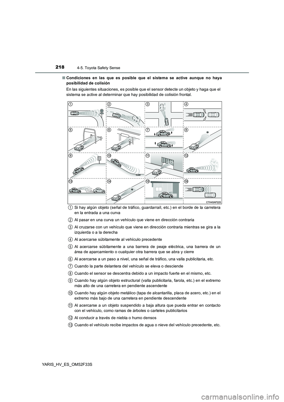 TOYOTA YARIS HYBRID 2015  Manual del propietario (in Spanish) 2184-5. Toyota Safety Sense
YARIS_HV_ES_OM52F33S 
■ Condiciones en las que es posible que el sistema se active aunque no haya 
posibilidad de colisión 
En las siguientes situaciones, es posible que