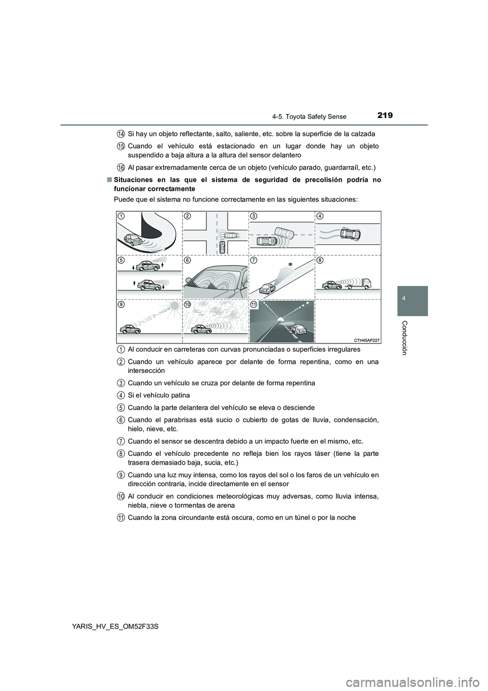 TOYOTA YARIS HYBRID 2015  Manual del propietario (in Spanish) 2194-5. Toyota Safety Sense
4
Conducción
YARIS_HV_ES_OM52F33S 
Si hay un objeto reflectante, salto, saliente, etc. sobre la superficie de la calzada 
Cuando el vehículo está estacionado en un lugar