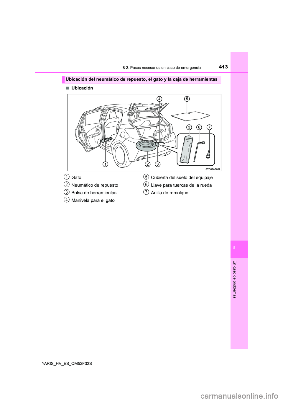 TOYOTA YARIS HYBRID 2015  Manual del propietario (in Spanish) 4138-2. Pasos necesarios en caso de emergencia
8
En caso de problemas
YARIS_HV_ES_OM52F33S 
■Ubicación
Ubicación del neumático de repuesto, el gato y la caja de herramientas
Gato 
Neumático de r