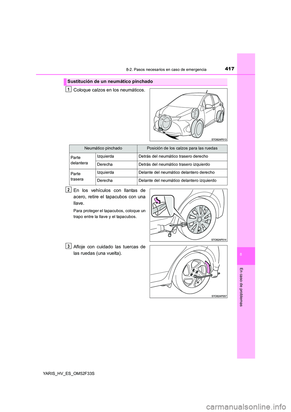 TOYOTA YARIS HYBRID 2015  Manual del propietario (in Spanish) 4178-2. Pasos necesarios en caso de emergencia
8
En caso de problemas
YARIS_HV_ES_OM52F33S
Coloque calzos en los neumáticos. 
En los vehículos con llantas de 
acero, retire el tapacubos con una 
lla
