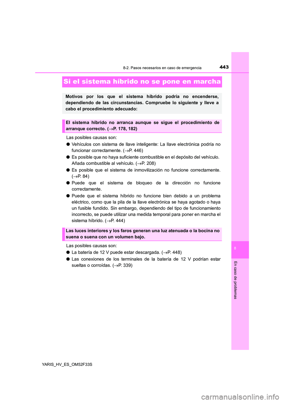 TOYOTA YARIS HYBRID 2015  Manual del propietario (in Spanish) 4438-2. Pasos necesarios en caso de emergencia
8
En caso de problemas
YARIS_HV_ES_OM52F33S
Si el sistema híbrido no se pone en marcha
Las posibles causas son: 
● Vehículos con sistema de llave int