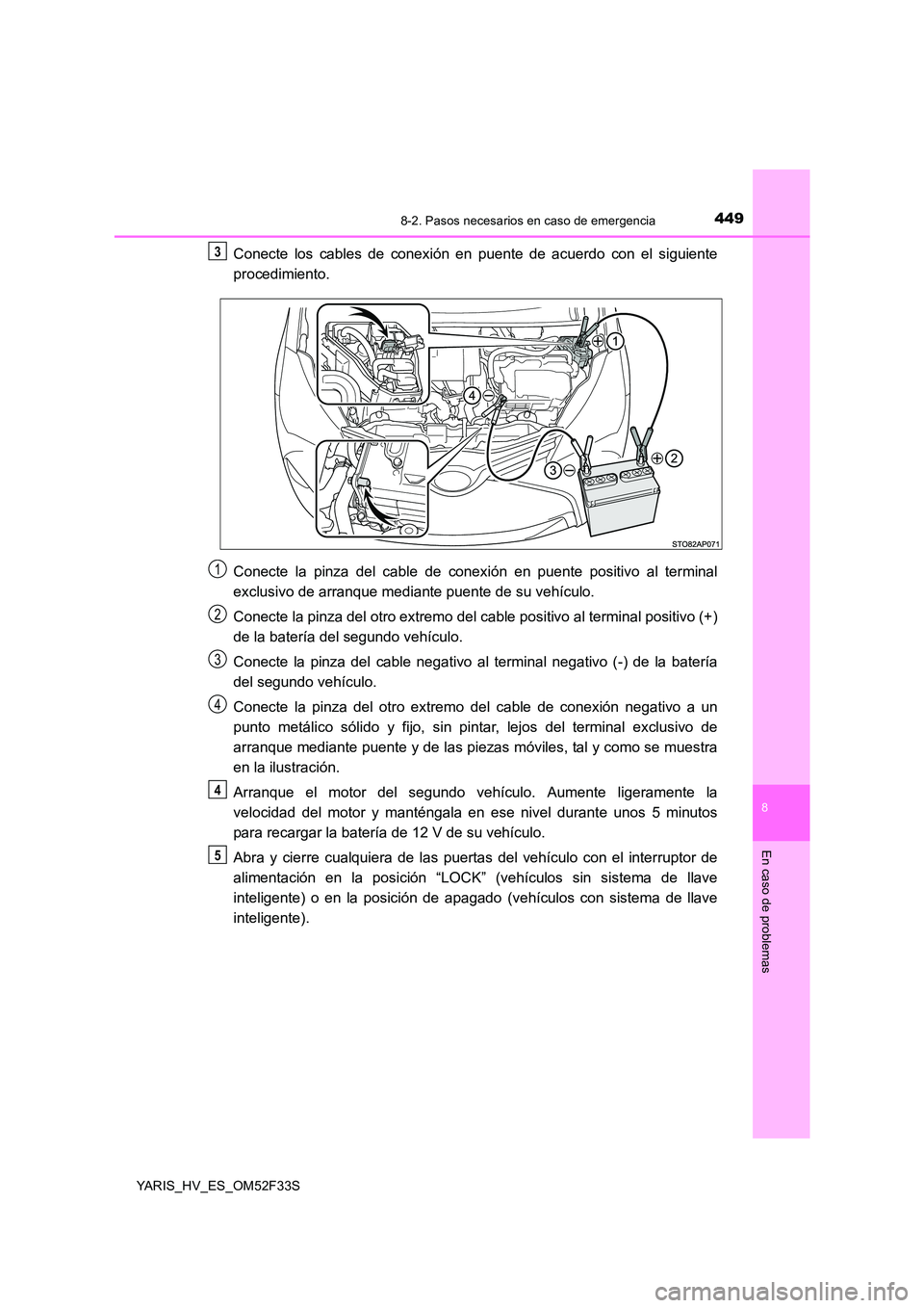 TOYOTA YARIS HYBRID 2015  Manual del propietario (in Spanish) 4498-2. Pasos necesarios en caso de emergencia
8
En caso de problemas
YARIS_HV_ES_OM52F33S
Conecte los cables de conexión en puente de acuerdo con el siguiente 
procedimiento. 
Conecte la pinza del c