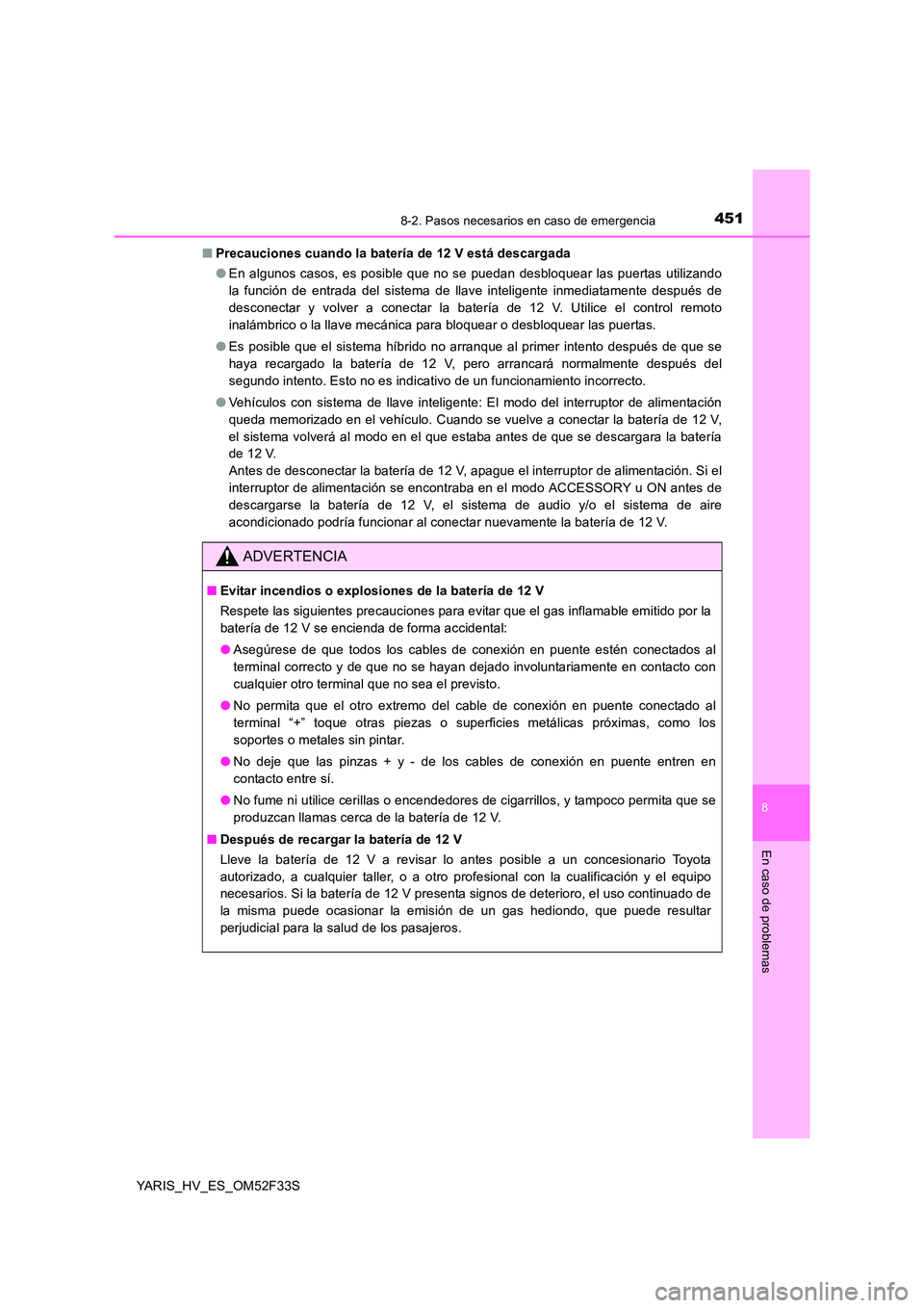 TOYOTA YARIS HYBRID 2015  Manual del propietario (in Spanish) 4518-2. Pasos necesarios en caso de emergencia
8
En caso de problemas
YARIS_HV_ES_OM52F33S 
■ Precauciones cuando la batería de 12 V está descargada 
● En algunos casos, es posible que no se pue