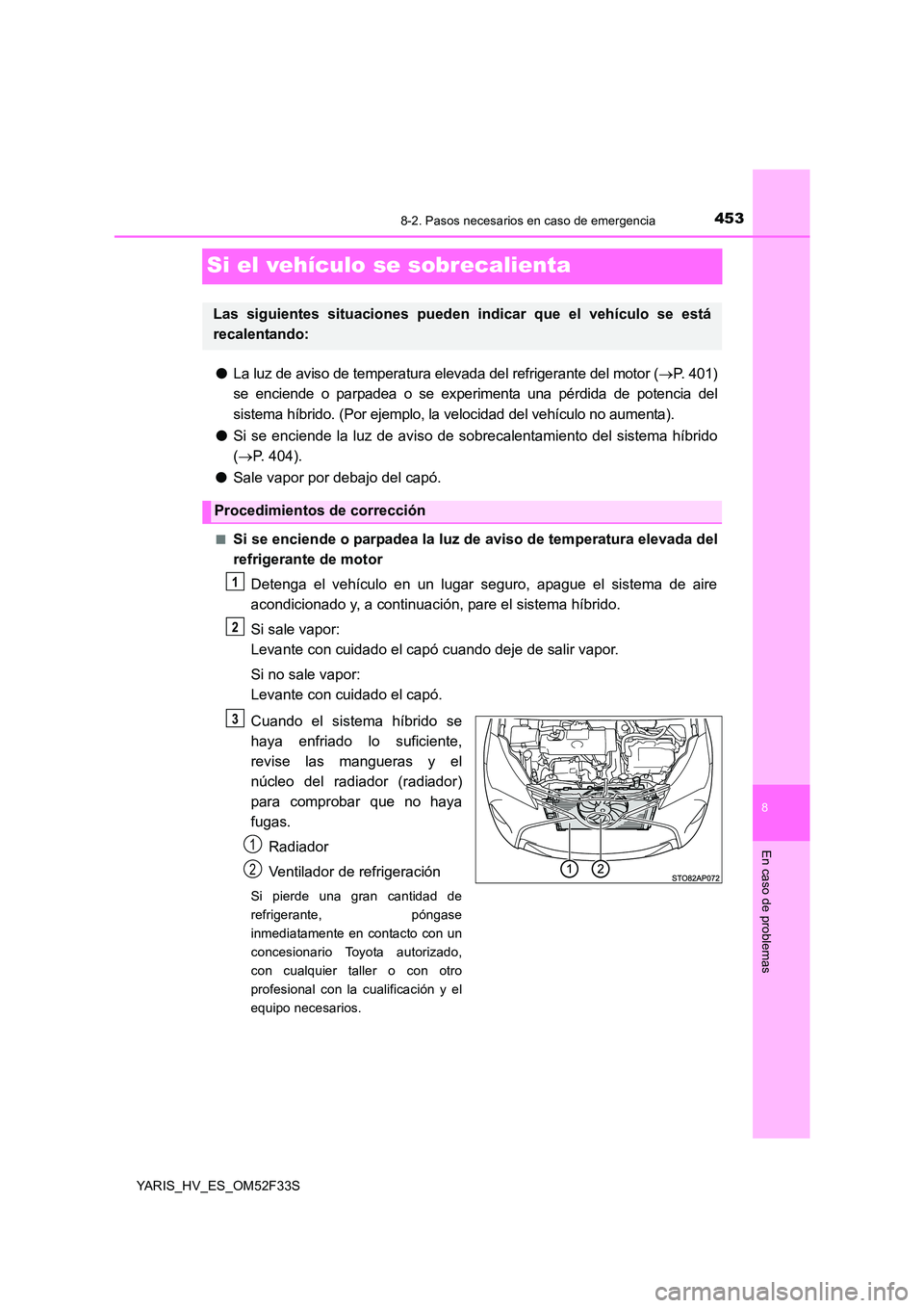 TOYOTA YARIS HYBRID 2015  Manual del propietario (in Spanish) 4538-2. Pasos necesarios en caso de emergencia
8
En caso de problemas
YARIS_HV_ES_OM52F33S
Si el vehículo se sobrecalienta
●La luz de aviso de temperatura elevada del refrigerante del motor (→P. 