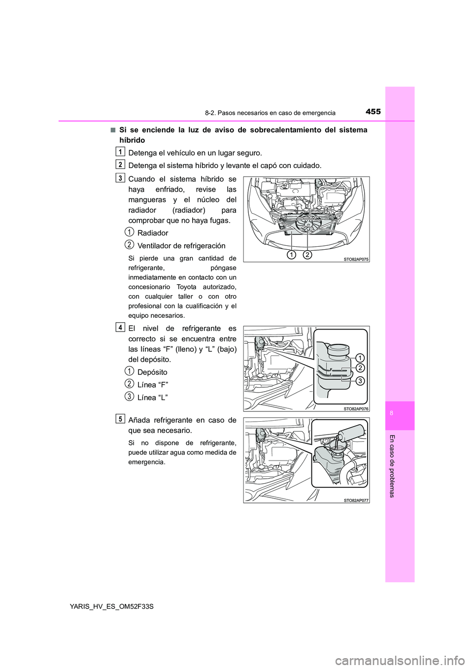 TOYOTA YARIS HYBRID 2015  Manual del propietario (in Spanish) 4558-2. Pasos necesarios en caso de emergencia
8
En caso de problemas
YARIS_HV_ES_OM52F33S 
■Si se enciende la luz de aviso de sobrecalentamiento del sistema 
híbrido 
Detenga el vehículo en un lu