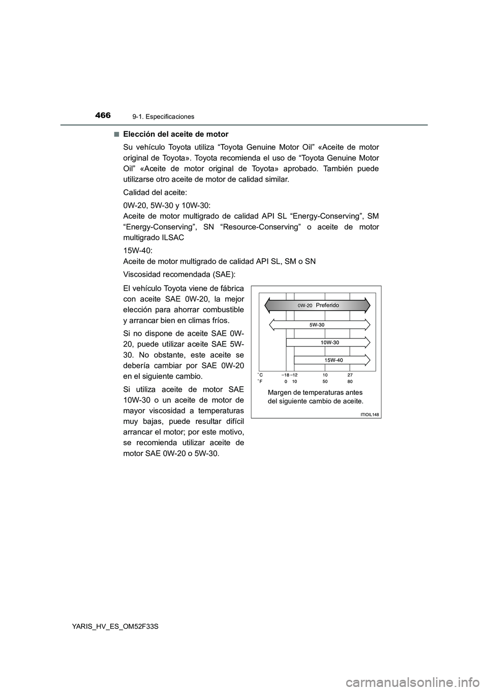 TOYOTA YARIS HYBRID 2015  Manual del propietario (in Spanish) 4669-1. Especificaciones
YARIS_HV_ES_OM52F33S 
■Elección del aceite de motor 
Su vehículo Toyota utiliza “Toyota Genuine Motor Oil” «Aceite de motor 
original de Toyota». Toyota recomienda e
