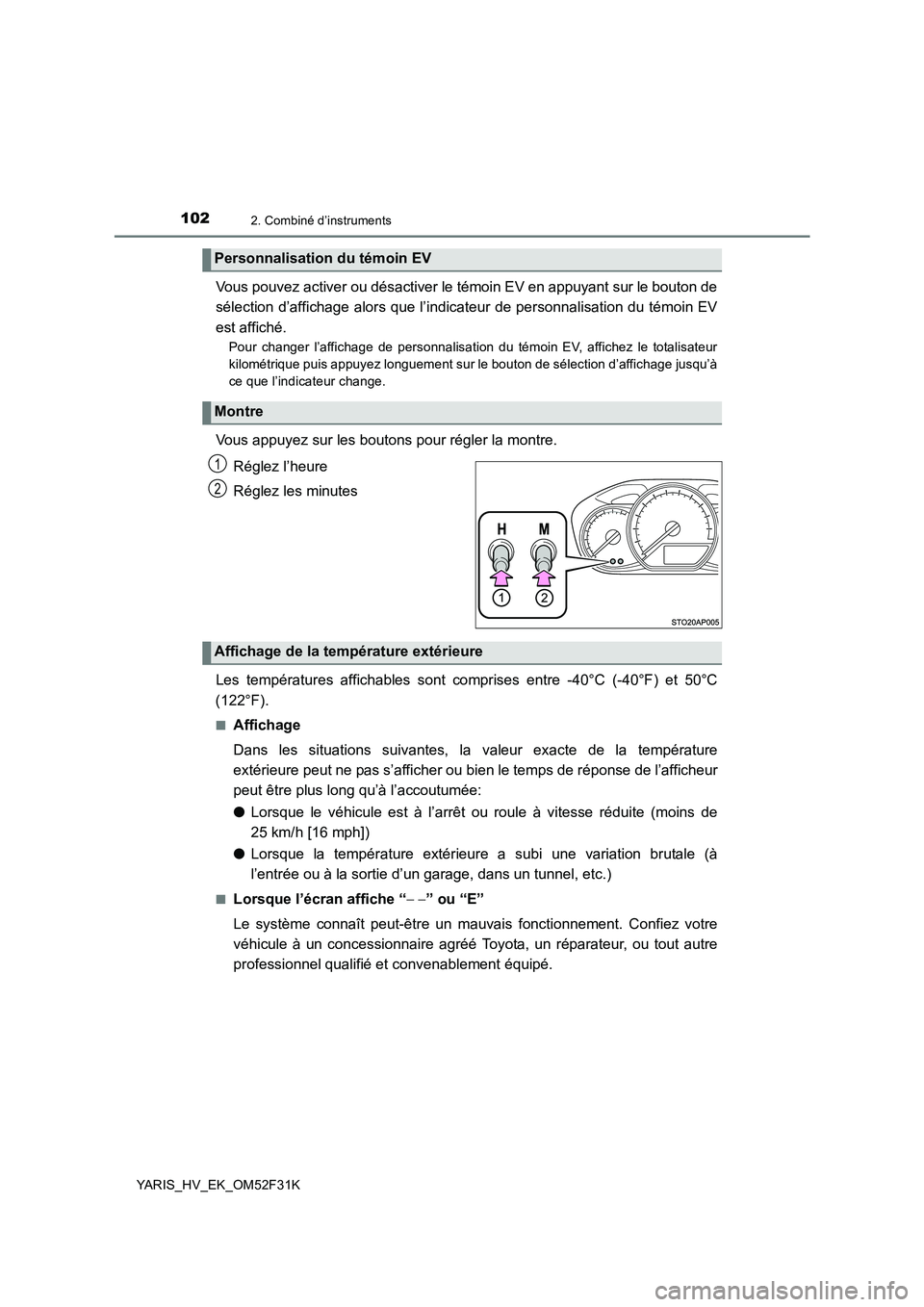 TOYOTA YARIS HYBRID 2015  Manuel du propriétaire (in French) 1022. Combiné d’instruments
YARIS_HV_EK_OM52F31K
Vous pouvez activer ou désactiver le témoin EV en appuyant sur le bouton de 
sélection d’affichage alors que l’indicateur de personnalisation
