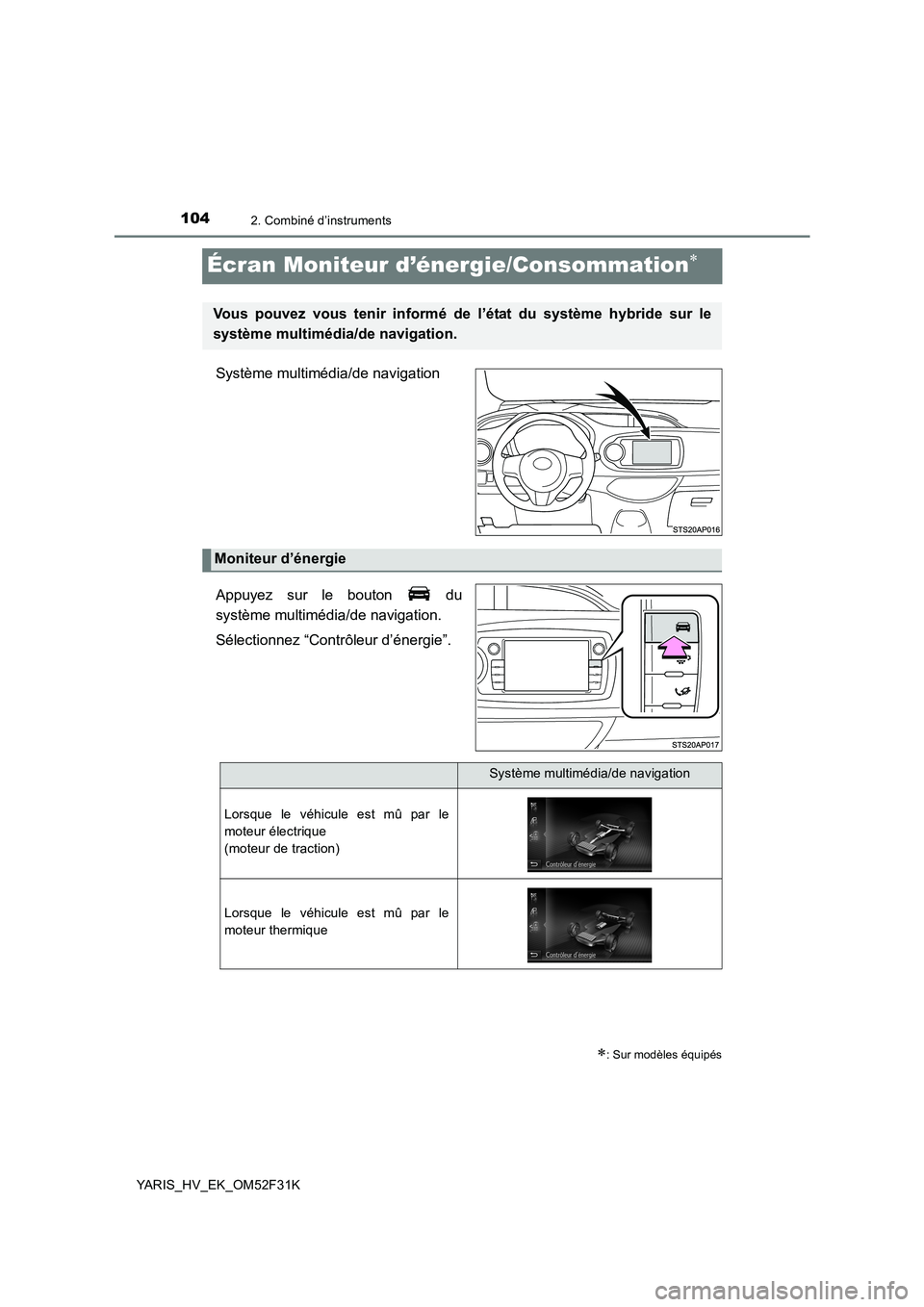 TOYOTA YARIS HYBRID 2015  Manuel du propriétaire (in French) 1042. Combiné d’instruments
YARIS_HV_EK_OM52F31K
Écran Moniteur d’énergie/Consommation∗
Système multimédia/de navigation 
Appuyez sur le bouton   du 
système multimédia/de navigation. 
S