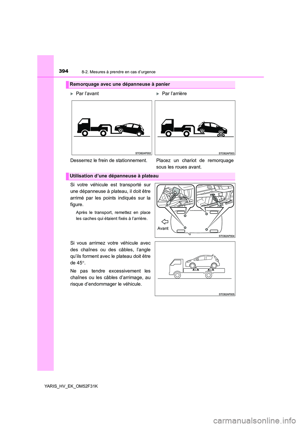 TOYOTA YARIS HYBRID 2015  Manuel du propriétaire (in French) 3948-2. Mesures à prendre en cas d’urgence
YARIS_HV_EK_OM52F31K
Si votre véhicule est transporté sur 
une dépanneuse à plateau, il doit être 
arrimé par les points indiqués sur la 
figure.
A