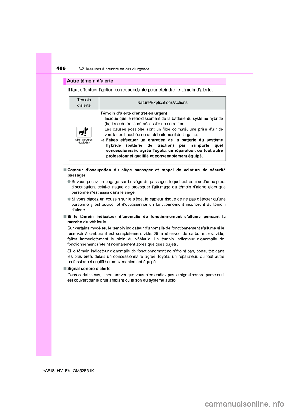 TOYOTA YARIS HYBRID 2015  Manuel du propriétaire (in French) 4068-2. Mesures à prendre en cas d’urgence
YARIS_HV_EK_OM52F31K
Il faut effectuer l’action correspondante pour éteindre le témoin d’alerte.
■Capteur d’occupation du siège passager et rap