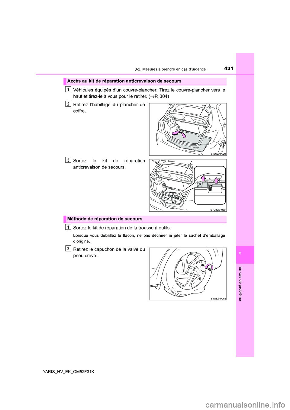 TOYOTA YARIS HYBRID 2015  Manuel du propriétaire (in French) 4318-2. Mesures à prendre en cas d’urgence
8
En cas de problème
YARIS_HV_EK_OM52F31K
Véhicules équipés d’un couvre-plancher: Tirez le couvre-plancher vers le 
haut et tirez-le à vous pour le