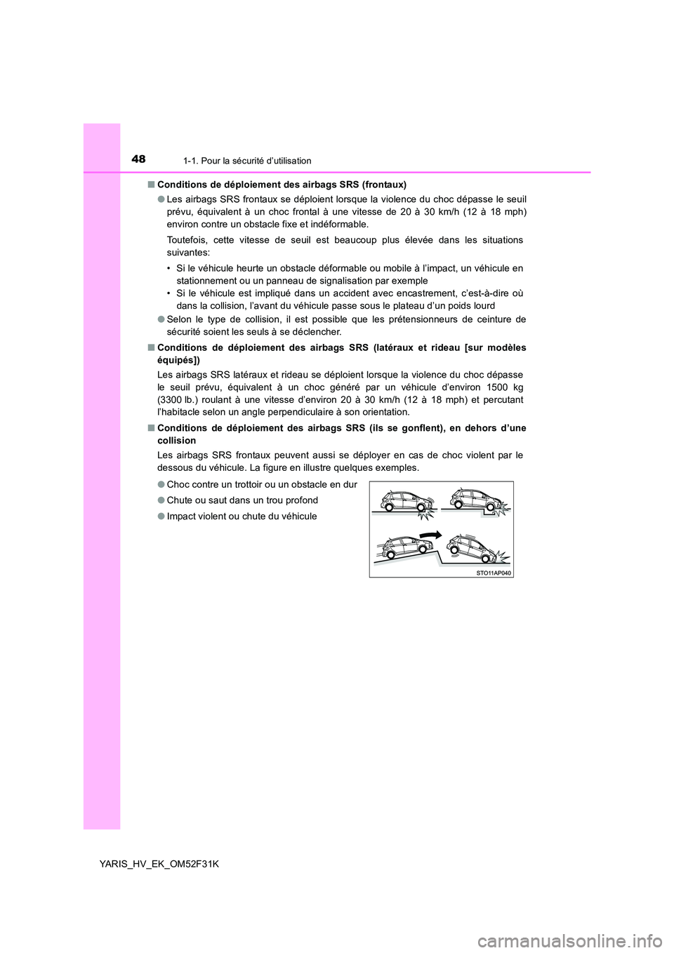 TOYOTA YARIS HYBRID 2015  Manuel du propriétaire (in French) 481-1. Pour la sécurité d’utilisation
YARIS_HV_EK_OM52F31K 
■ Conditions de déploiement des airbags SRS (frontaux) 
● Les airbags SRS frontaux se déploient lorsque la violence du choc dépas