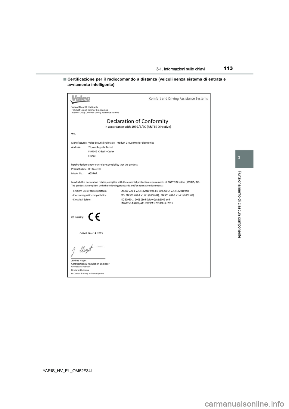 TOYOTA YARIS HYBRID 2015  Manuale duso (in Italian) 1133-1. Informazioni sulle chiavi
3
Funzionamento di ciascun componente
YARIS_HV_EL_OM52F34L 
■ Certificazione per il radiocomando a distanza (veicoli senza sistema di entrata e 
avviamento intellig