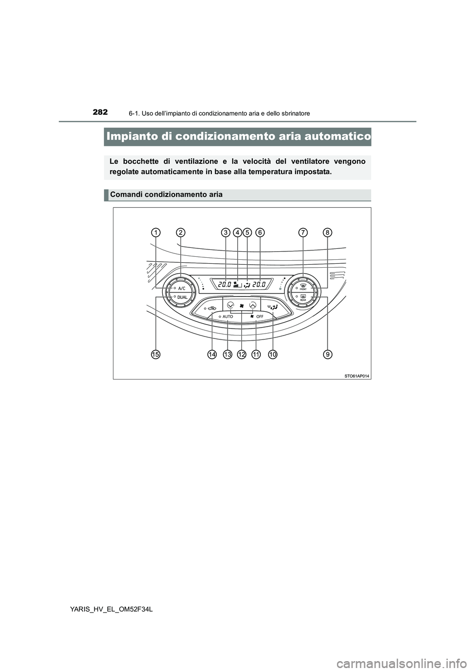 TOYOTA YARIS HYBRID 2015  Manuale duso (in Italian) 2826-1. Uso dell’impianto di condizionamento aria e dello sbrinatore
YARIS_HV_EL_OM52F34L
Impianto di condizionamento aria automatico
Le bocchette di ventilazione e la velocità del ventilatore veng