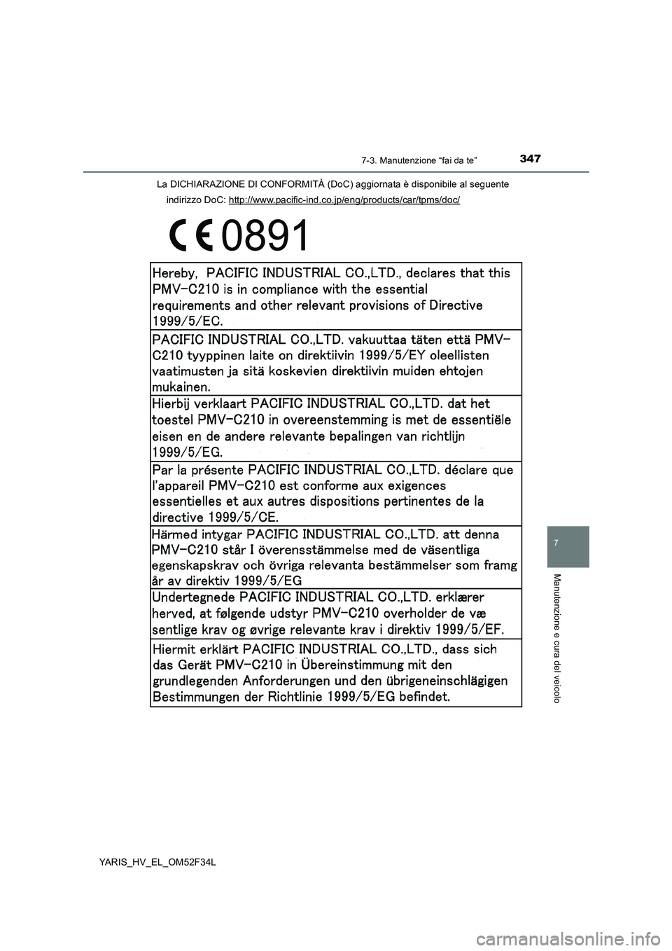 TOYOTA YARIS HYBRID 2015  Manuale duso (in Italian) 3477-3. Manutenzione “fai da te”
7
Manutenzione e cura del veicolo
YARIS_HV_EL_OM52F34L 
La DICHIARAZIONE DI CONFORMITÀ (DoC) aggiornata è disponibile al seguente 
indirizzo DoC: http://www.paci