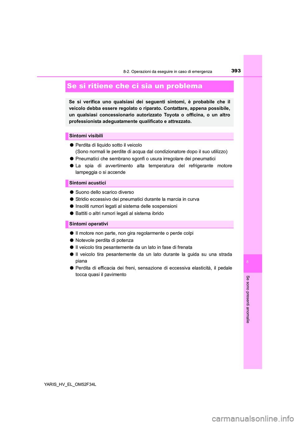 TOYOTA YARIS HYBRID 2015 Manuale duso (in Italian) 3938-2. Operazioni da eseguire in caso di emergenza
8
Se sono presenti anomalie
YARIS_HV_EL_OM52F34L
Se si ritiene che ci sia un problema
●Perdita di liquido sotto il veicolo
(Sono normali le perd TOYOTA YARIS HYBRID 2015 Manuale duso (in Italian) 3938-2. Operazioni da eseguire in caso di emergenza
8
Se sono presenti anomalie
YARIS_HV_EL_OM52F34L
Se si ritiene che ci sia un problema
●Perdita di liquido sotto il veicolo
(Sono normali le perd