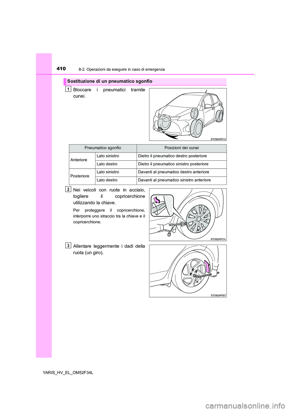 TOYOTA YARIS HYBRID 2015  Manuale duso (in Italian) 4108-2. Operazioni da eseguire in caso di emergenza
YARIS_HV_EL_OM52F34L
Bloccare i pneumatici tramite 
cunei. 
Nei veicoli con ruote in acciaio, 
togliere il copricerchione 
utilizzando la chiave.
Pe