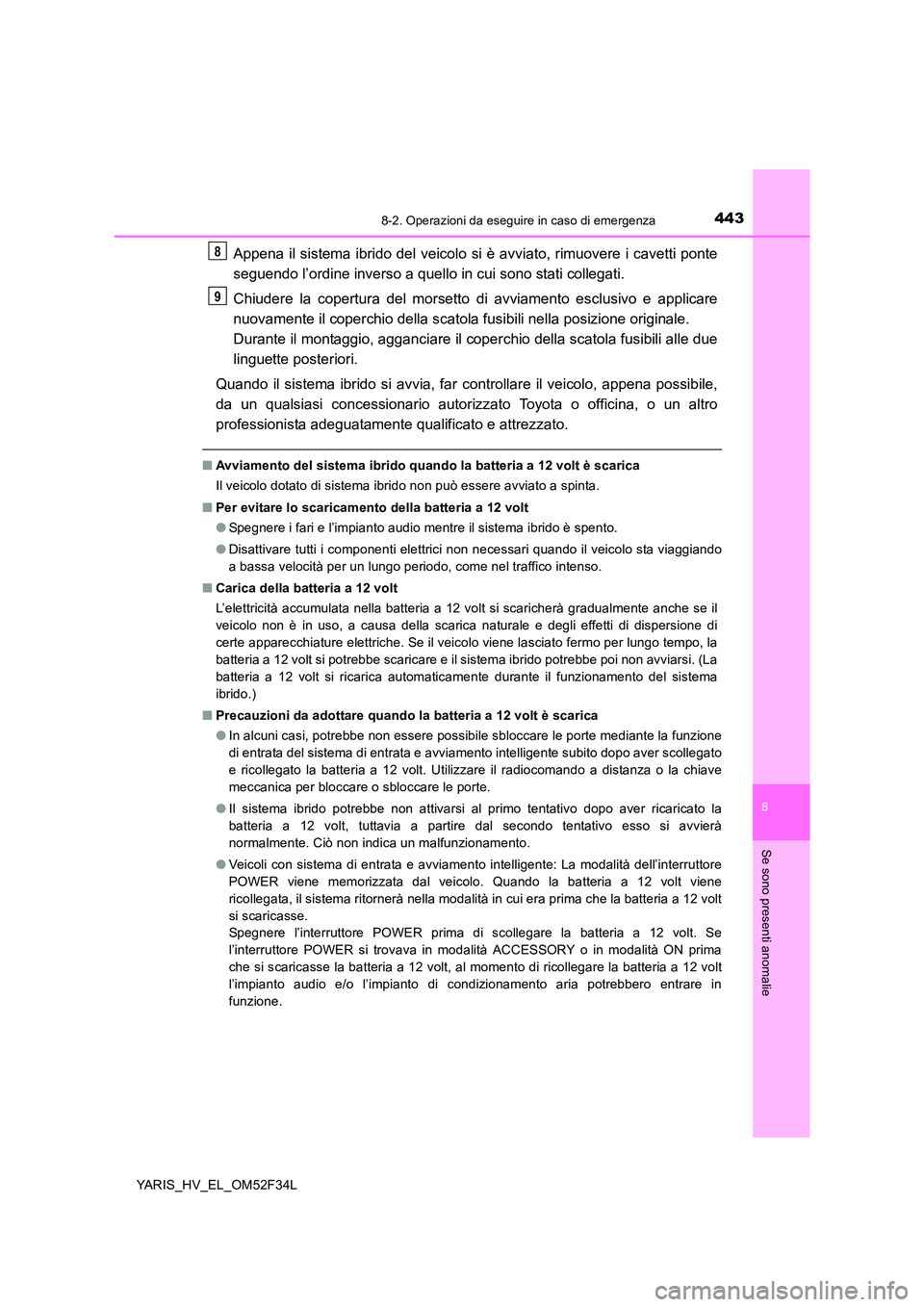 TOYOTA YARIS HYBRID 2015 Manuale duso (in Italian) 4438-2. Operazioni da eseguire in caso di emergenza
8
Se sono presenti anomalie
YARIS_HV_EL_OM52F34L
Appena il sistema ibrido del veicolo si è avviato, rimuovere i cavetti ponte
seguendo l’ordine TOYOTA YARIS HYBRID 2015 Manuale duso (in Italian) 4438-2. Operazioni da eseguire in caso di emergenza
8
Se sono presenti anomalie
YARIS_HV_EL_OM52F34L
Appena il sistema ibrido del veicolo si è avviato, rimuovere i cavetti ponte
seguendo l’ordine