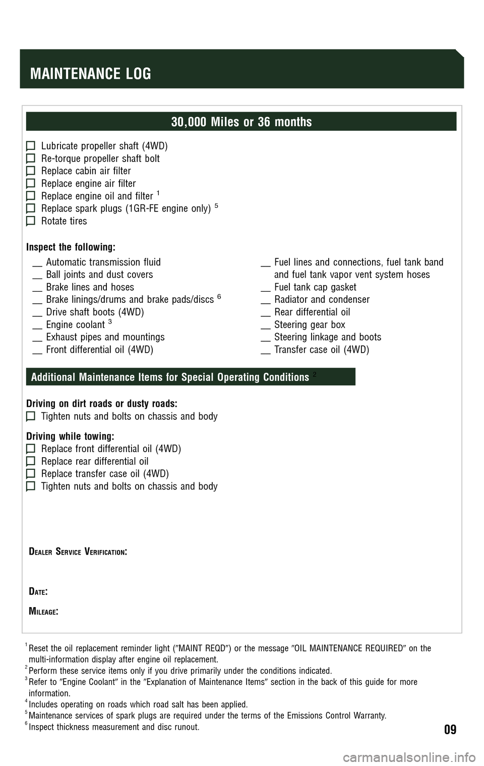 TOYOTA 4RUNNER 2009 N280 / 5.G Scheduled Maintenance Guide 