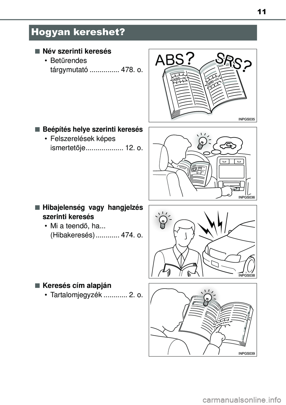 TOYOTA YARIS HYBRID 2015  Kezelési útmutató (in Hungarian) 11
Hogyan kereshet?
Név szerinti keresés•Bet űrendes 
tárgymutató ............... 478. o.
Beépítés helye szerinti keresés
• Felszerelések képes  ismertet ője................... 1