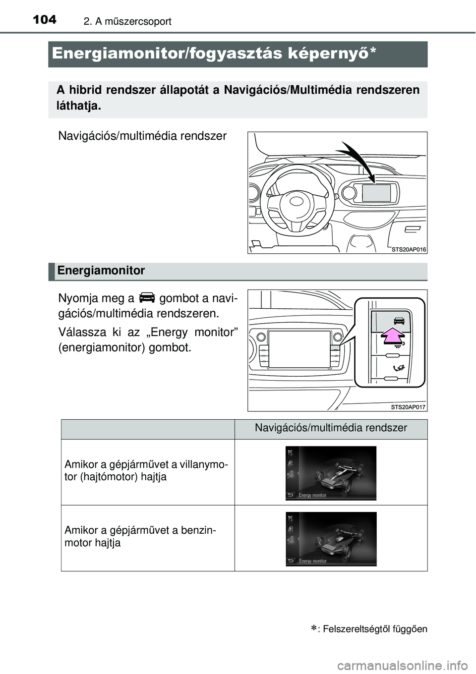 TOYOTA YARIS HYBRID 2015  Kezelési útmutató (in Hungarian) 1042. A műszercsoport
Energiamonitor/fogyasztás képernyő *
Navigációs/multimédia rendszer
Nyomja meg a   gombot a navi-
gációs/multimédia rendszeren.
Válassza ki az „Energy monitor”
(en