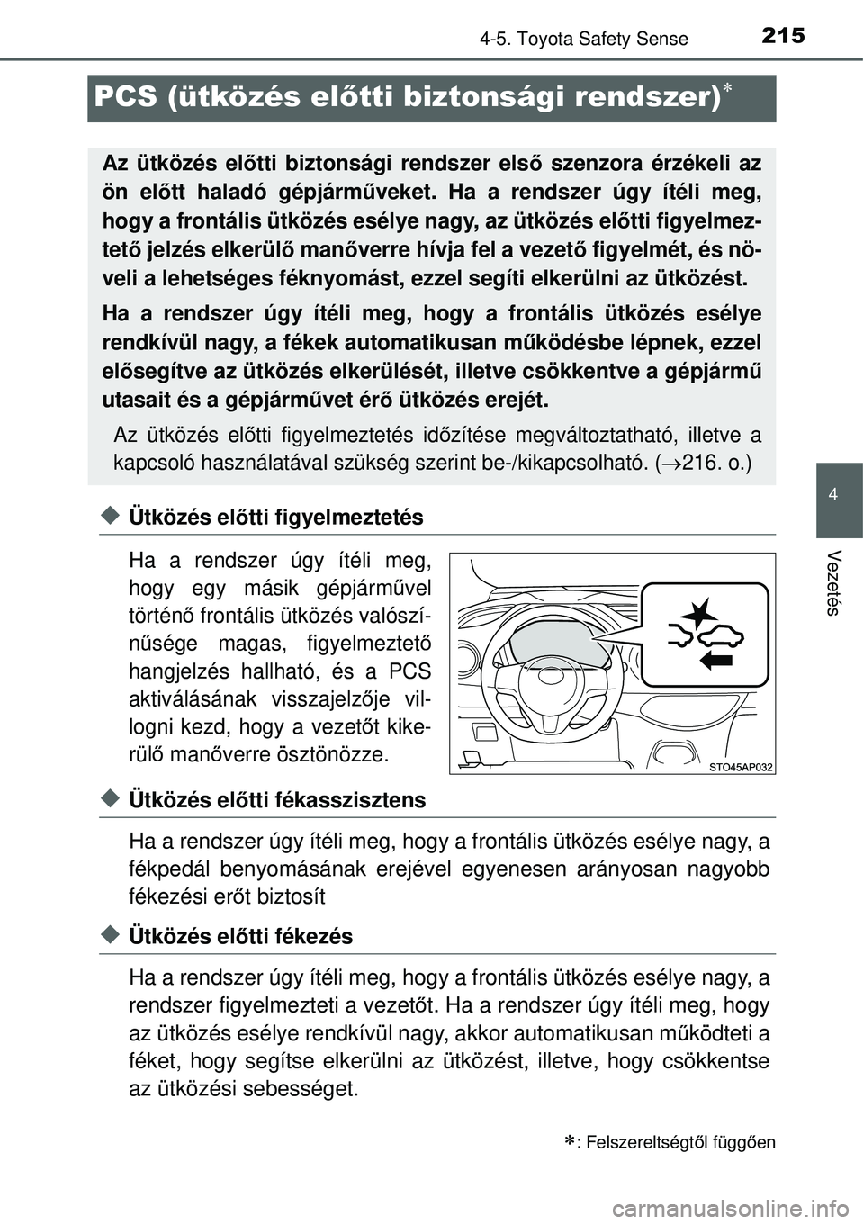 TOYOTA YARIS HYBRID 2015 Kezelési útmutató (in Hungarian) 215
4
4-5. Toyota Safety Sense
Vezetés
PCS (ütközés előtti biztonsági rendszer)
Ütközés el őtti figyelmeztetés
Ha a rendszer úgy ítéli meg,
hogy egy másik gépjárm űvel
történ TOYOTA YARIS HYBRID 2015 Kezelési útmutató (in Hungarian) 215
4
4-5. Toyota Safety Sense
Vezetés
PCS (ütközés előtti biztonsági rendszer)
Ütközés el őtti figyelmeztetés
Ha a rendszer úgy ítéli meg,
hogy egy másik gépjárm űvel
történ