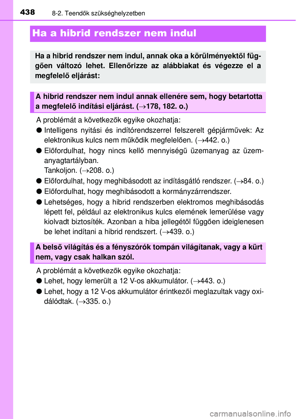 TOYOTA YARIS HYBRID 2015 Kezelési útmutató (in Hungarian) 4388-2. Teendők szükséghelyzetben
Ha a hibrid rendszer nem indul
A problémát a következ ők egyike okozhatja:
Intelligens nyitási és indítóre ndszerrel felszerelt gépjárművek: Az
elek TOYOTA YARIS HYBRID 2015 Kezelési útmutató (in Hungarian) 4388-2. Teendők szükséghelyzetben
Ha a hibrid rendszer nem indul
A problémát a következ ők egyike okozhatja:
Intelligens nyitási és indítóre ndszerrel felszerelt gépjárművek: Az
elek