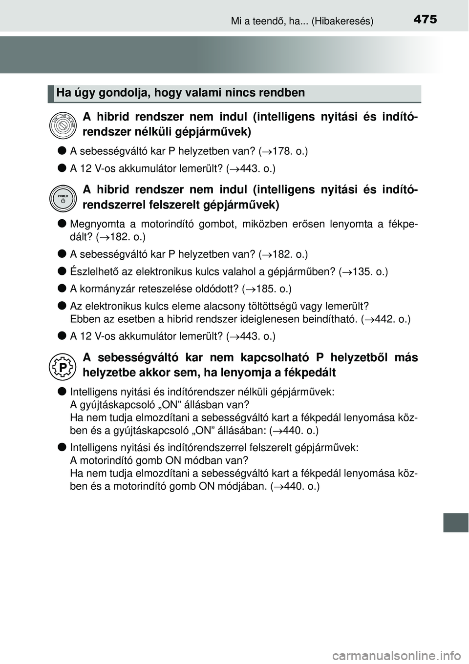 TOYOTA YARIS HYBRID 2015 Kezelési útmutató (in Hungarian) 475Mi a teendő, ha... (Hibakeresés)
A sebességváltó kar P helyzetben van? ( 178. o.)
A 12 V-os akkumulátor lemerült? (443. o.)
Megnyomta a motorindító gombot, miközben er őse TOYOTA YARIS HYBRID 2015 Kezelési útmutató (in Hungarian) 475Mi a teendő, ha... (Hibakeresés)
A sebességváltó kar P helyzetben van? ( 178. o.)
A 12 V-os akkumulátor lemerült? (443. o.)
Megnyomta a motorindító gombot, miközben er őse
