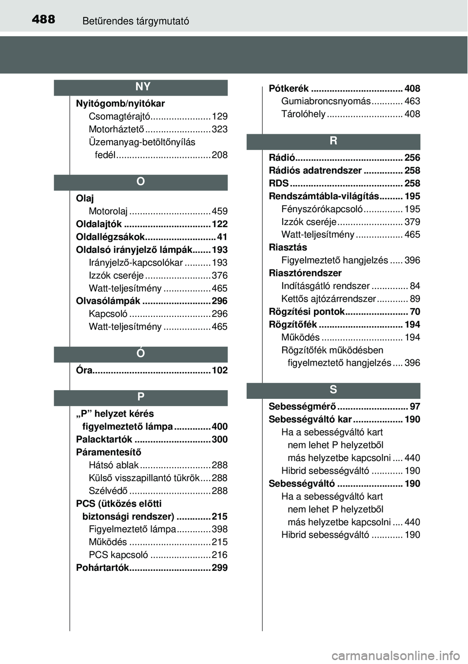 TOYOTA YARIS HYBRID 2015 Kezelési útmutató (in Hungarian) 488Betűrendes tárgymutató
Nyitógomb/nyitókar
Csomagtérajtó....................... 129
Motorháztet ő......................... 323
Üzemanyag-betölt őnyílás
fedél ........................ TOYOTA YARIS HYBRID 2015 Kezelési útmutató (in Hungarian) 488Betűrendes tárgymutató
Nyitógomb/nyitókar
Csomagtérajtó....................... 129
Motorháztet ő......................... 323
Üzemanyag-betölt őnyílás
fedél ........................
