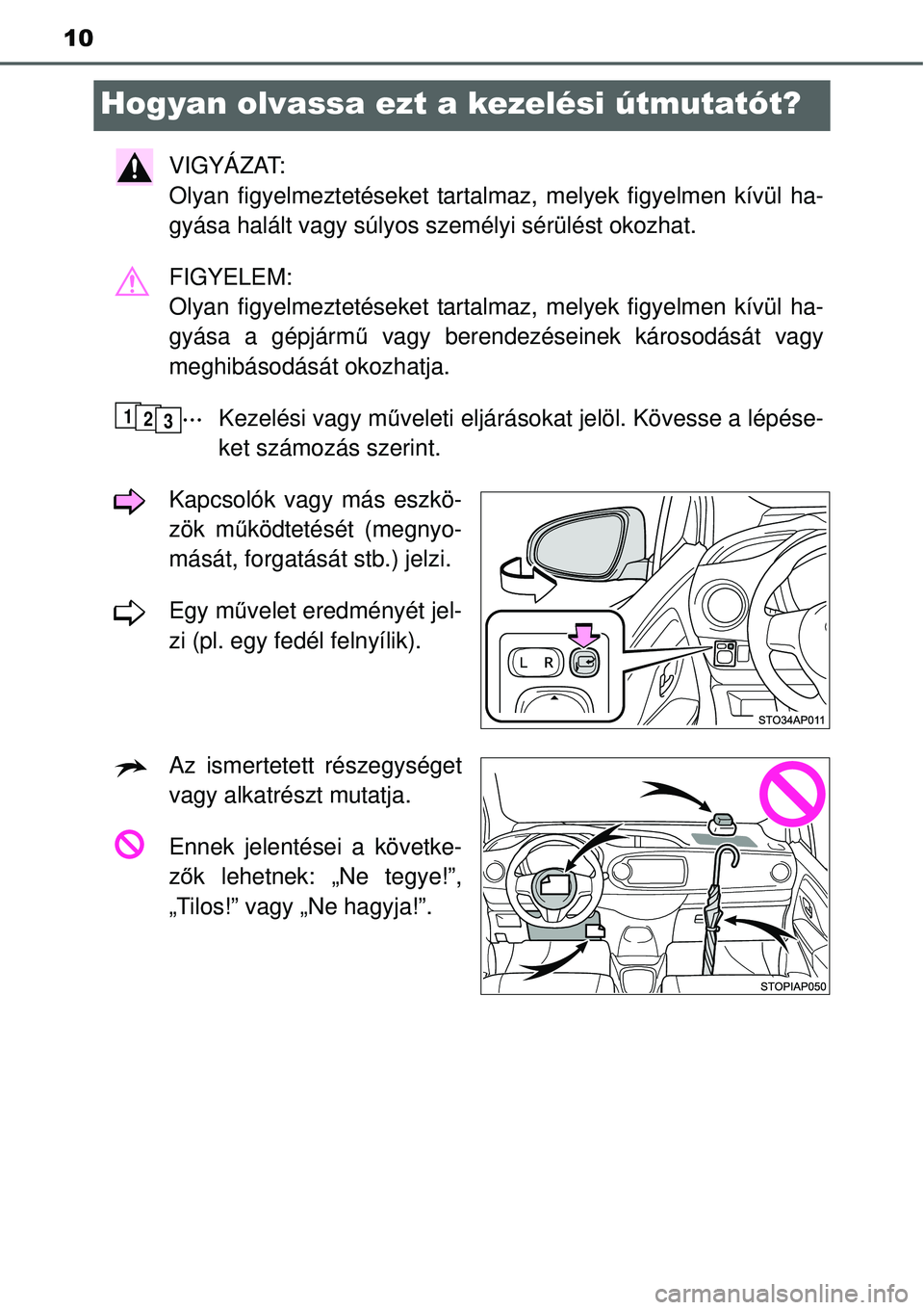 TOYOTA YARIS HYBRID 2015  Kezelési útmutató (in Hungarian) 10
Hogyan olvassa ezt a kezelési útmutatót?
VIGYÁZAT: 
Olyan figyelmeztetéseket tartalmaz, melyek figyelmen kívül ha-
gyása halált vagy súlyos személyi sérülést okozhat.\
FIGYELEM: 
Oly
