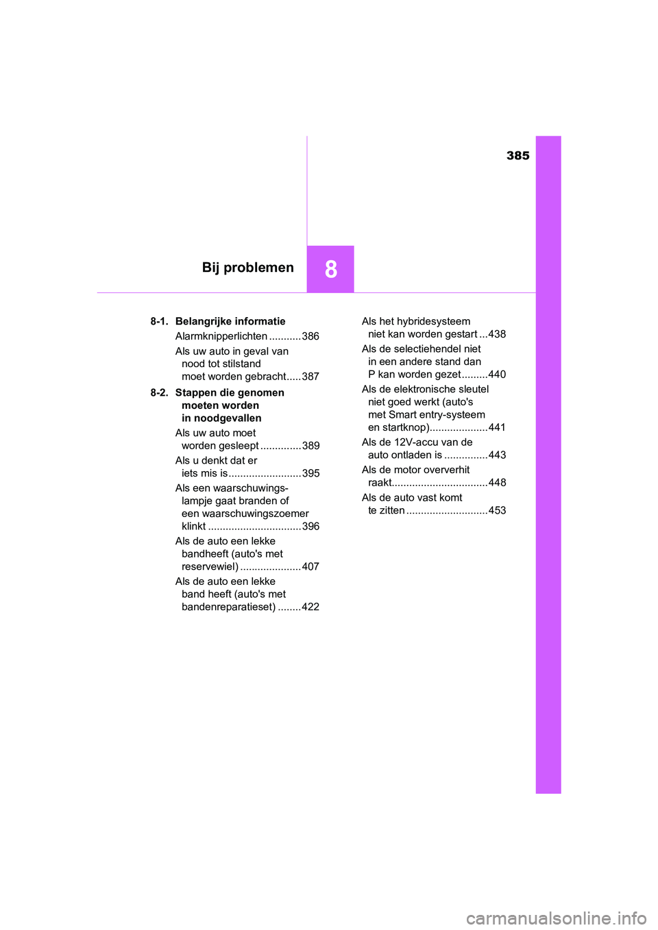 TOYOTA YARIS HYBRID 2015 Instructieboekje (in Dutch) 385
8Bij problemen
YARIS_HV_EE_OM52F30E8-1. Belangrijke informatie
Alarmknipperlichten ........... 386
Als uw auto in geval van nood tot stilstand
moet worden gebracht ..... 387
8-2. Stappen die geno TOYOTA YARIS HYBRID 2015 Instructieboekje (in Dutch) 385
8Bij problemen
YARIS_HV_EE_OM52F30E8-1. Belangrijke informatie
Alarmknipperlichten ........... 386
Als uw auto in geval van nood tot stilstand
moet worden gebracht ..... 387
8-2. Stappen die geno