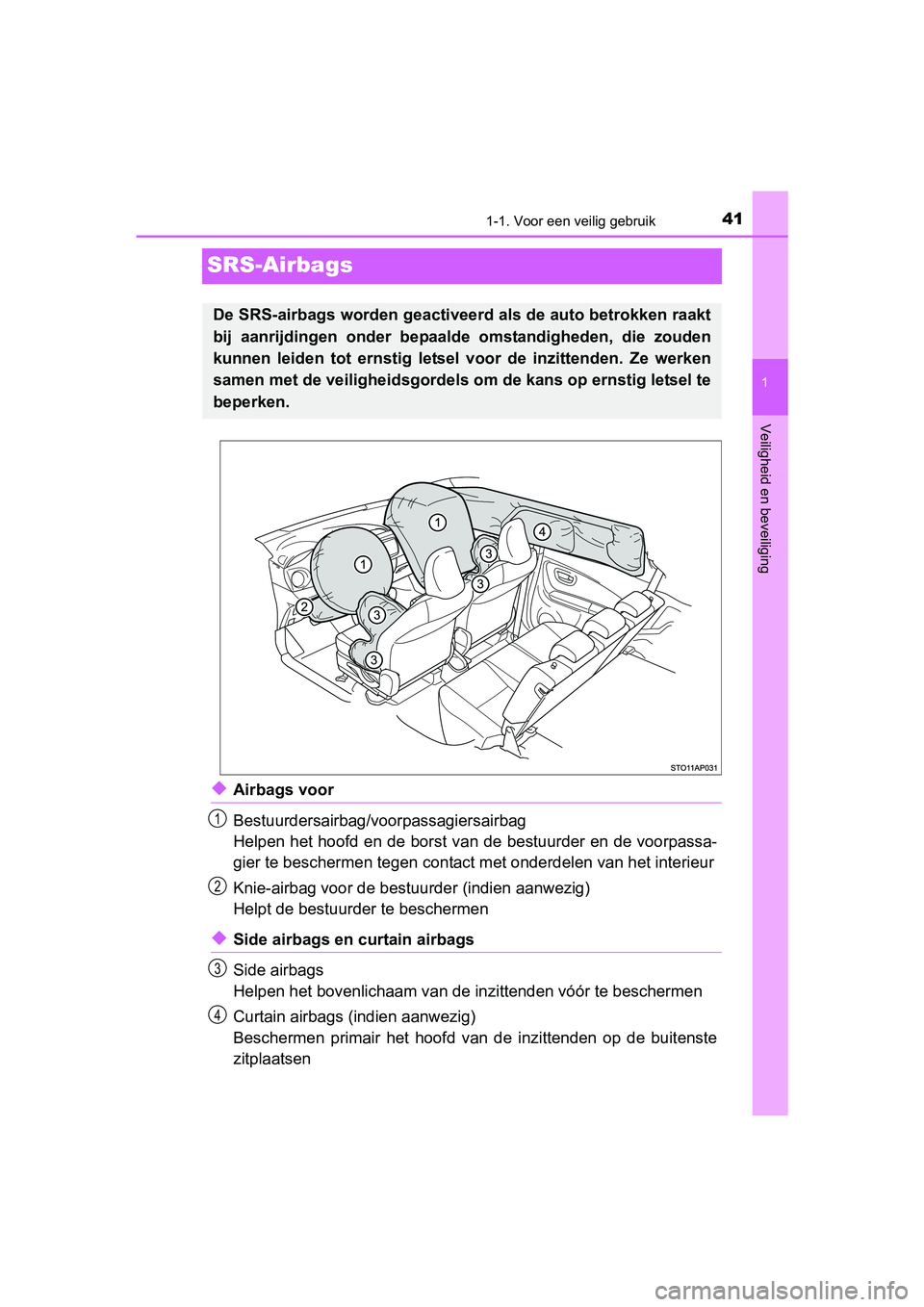 TOYOTA YARIS HYBRID 2015  Instructieboekje (in Dutch) 411-1. Voor een veilig gebruik
1
Veiligheid en beveiliging
YARIS_HV_EE_OM52F30E
SRS-Airbags
◆Airbags voor
Bestuurdersairbag/voorpassagiersairbag
Helpen het hoofd en de borst van de bestuurder en de 