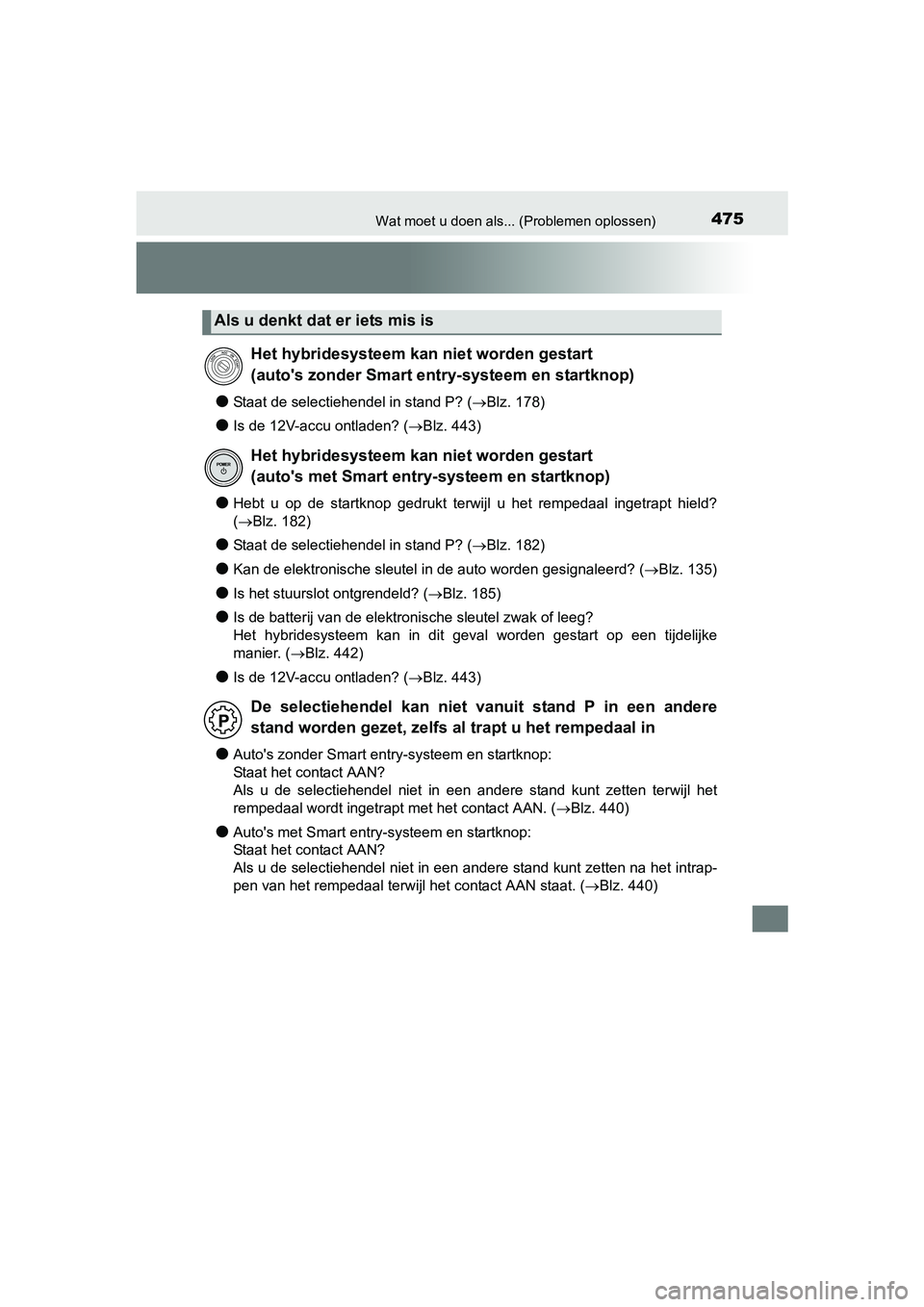 TOYOTA YARIS HYBRID 2015 Instructieboekje (in Dutch) 475Wat moet u doen als... (Problemen oplossen)
YARIS_HV_EE_OM52F30E
●Staat de selectiehendel in stand P? (Blz. 178)
●Is de 12V-accu ontladen? (Blz. 443)
●Hebt u op de startknop gedrukt ter TOYOTA YARIS HYBRID 2015 Instructieboekje (in Dutch) 475Wat moet u doen als... (Problemen oplossen)
YARIS_HV_EE_OM52F30E
●Staat de selectiehendel in stand P? (Blz. 178)
●Is de 12V-accu ontladen? (Blz. 443)
●Hebt u op de startknop gedrukt ter
