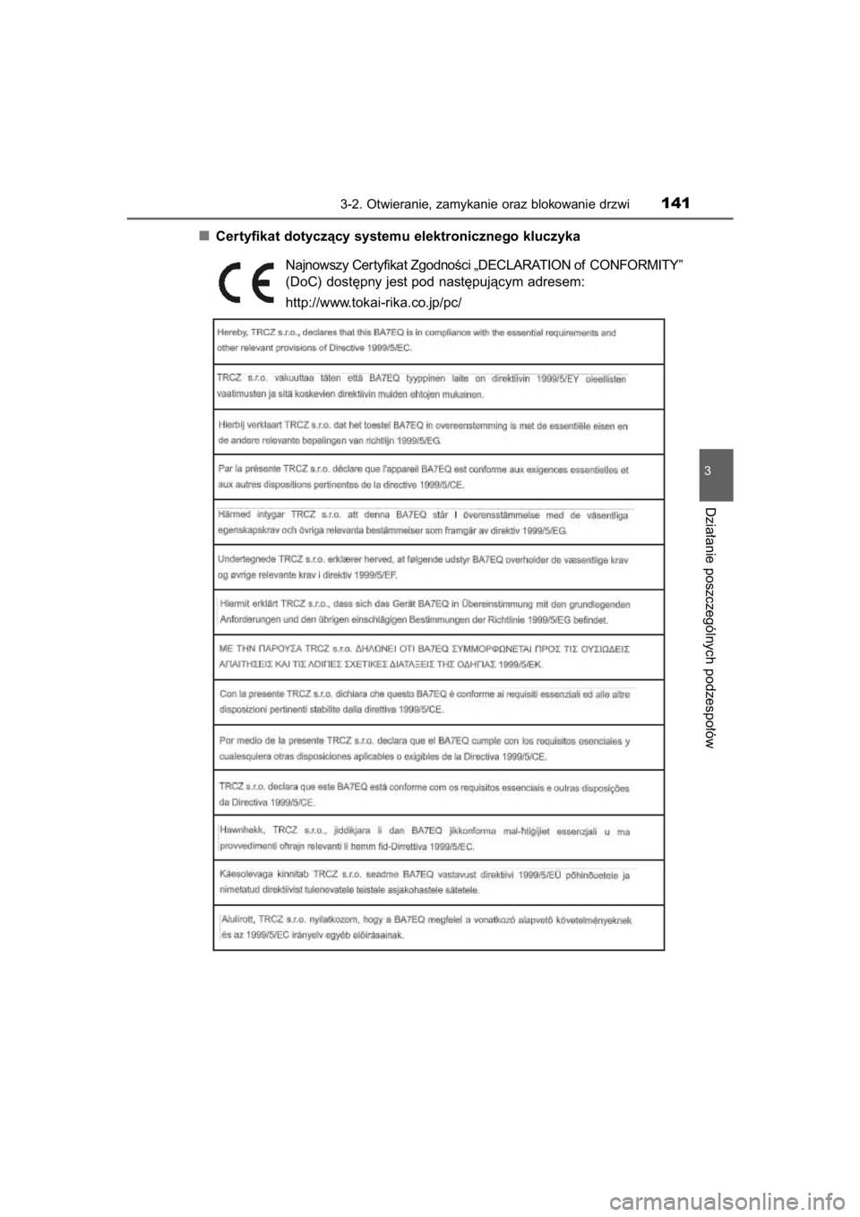TOYOTA YARIS HYBRID 2015  Instrukcja obsługi (in Polish) Certyfikat dotyczàcy systemu elektronicznego kluczyka
Najnowszy Cer tyfikat ZgodnoÊci „DECLARATION of CONFORMITY”
(DoC) dost´pny jest pod nast´pujàcym adresem:
http://www.tokai-rika.co.jp/pc/