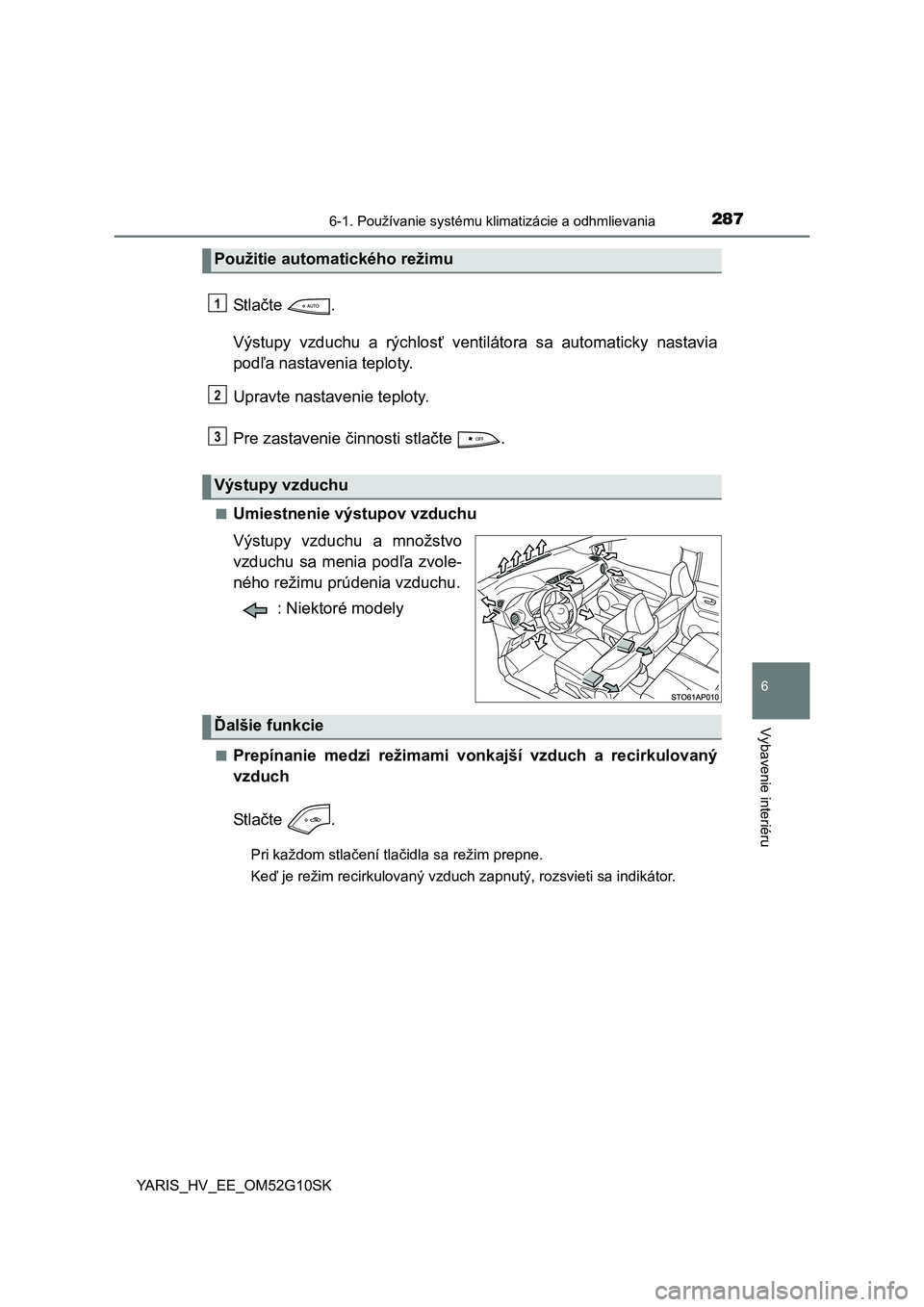 TOYOTA YARIS HYBRID 2015  Návod na použitie (in Slovakian) 2876-1. Používanie systému klimatizácie a odhmlievania
6
Vybavenie interiéru
YARIS_HV_EE_OM52G10SK
St l ačte .
Výstupy vzduchu a rýchlosť ventilátora sa automaticky nastavia
podľa nastaveni