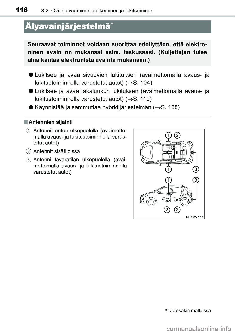 TOYOTA YARIS HYBRID 2015  Omistajan Käsikirja (in Finnish) 1163-2. Ovien avaaminen, sulkeminen ja lukitseminen
Älyavainjärjestelmä∗
●Lukitsee ja avaa sivuovien lukituksen (avaimettomalla avaus- ja
lukitustoiminnolla varustetut autot) (→S. 104)
●Luk