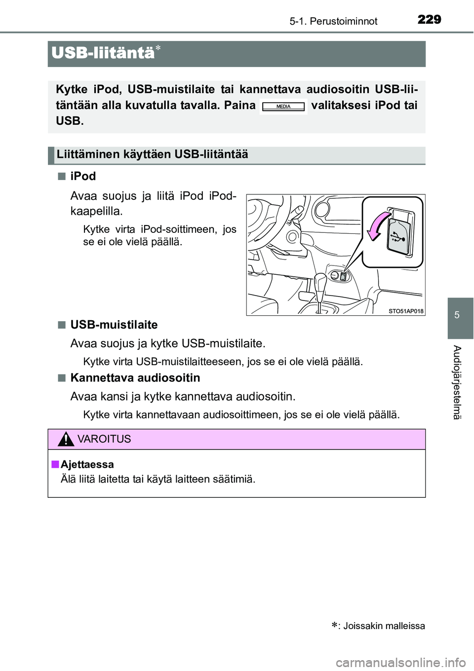 TOYOTA YARIS HYBRID 2015  Omistajan Käsikirja (in Finnish) 229
5
5-1. Perustoiminnot
Audiojärjestelmä
USB-liitäntä∗
■iPod
Avaa suojus ja liitä iPod iPod-
kaapelilla.
Kytke virta iPod-soittimeen, jos
se ei ole vielä päällä.
■
USB-muistilaite
Ava