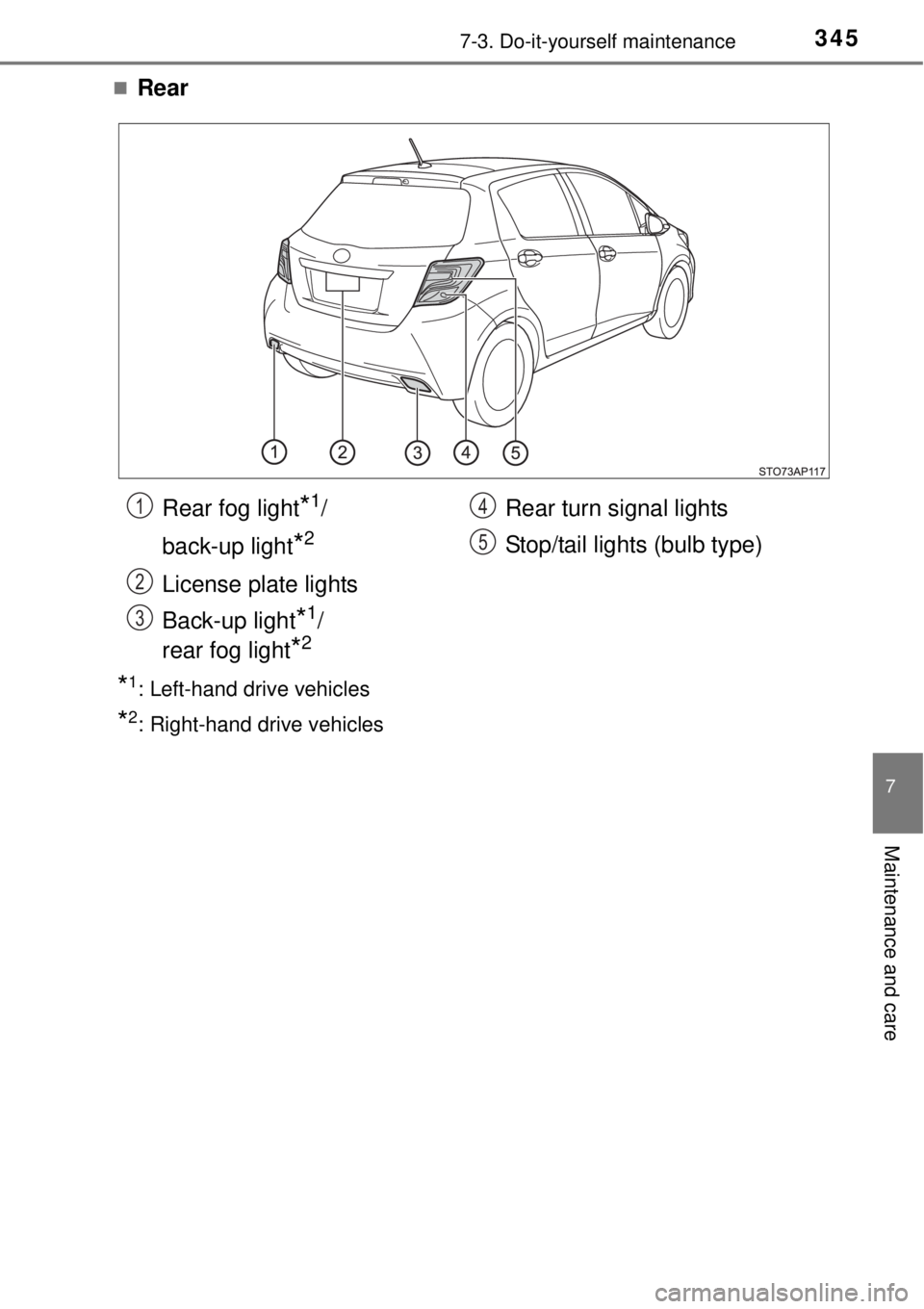 TOYOTA YARIS HYBRID 2014  Owners Manual 3457-3. Do-it-yourself maintenance
7
Maintenance and care
Rear
*1: Left-hand drive vehicles
*2: Right-hand drive vehicles
Rear fog light*1/
back-up light
*2
License plate lights
Back-up light
*1/
r